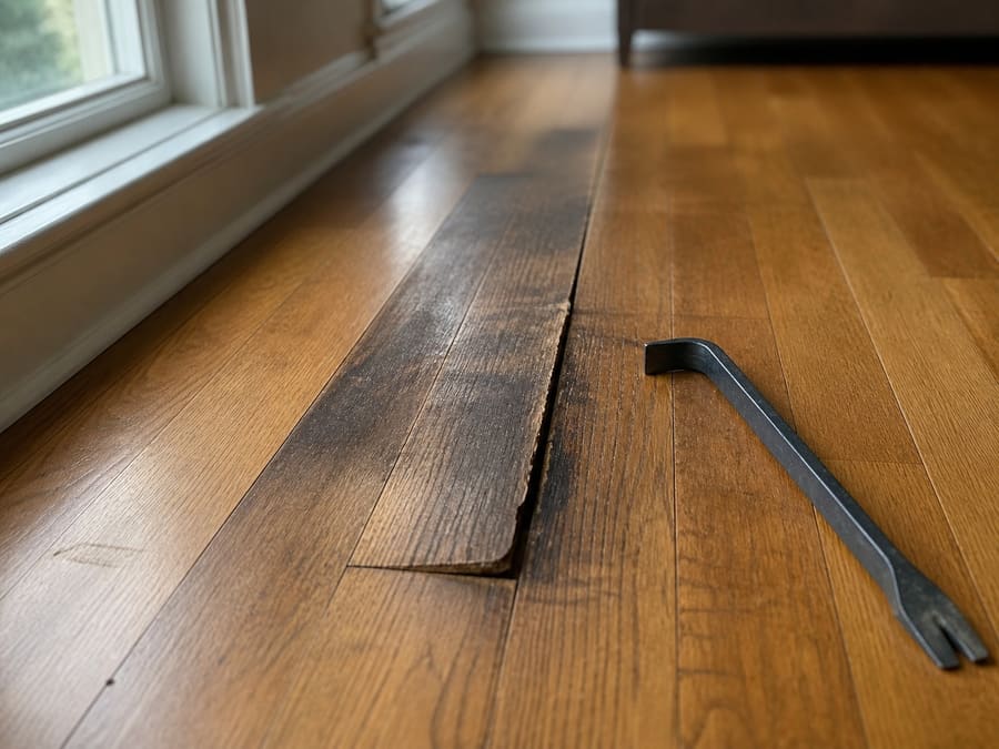 Two water damaged oak boards cupped and darkened, the sound boards around them still satin