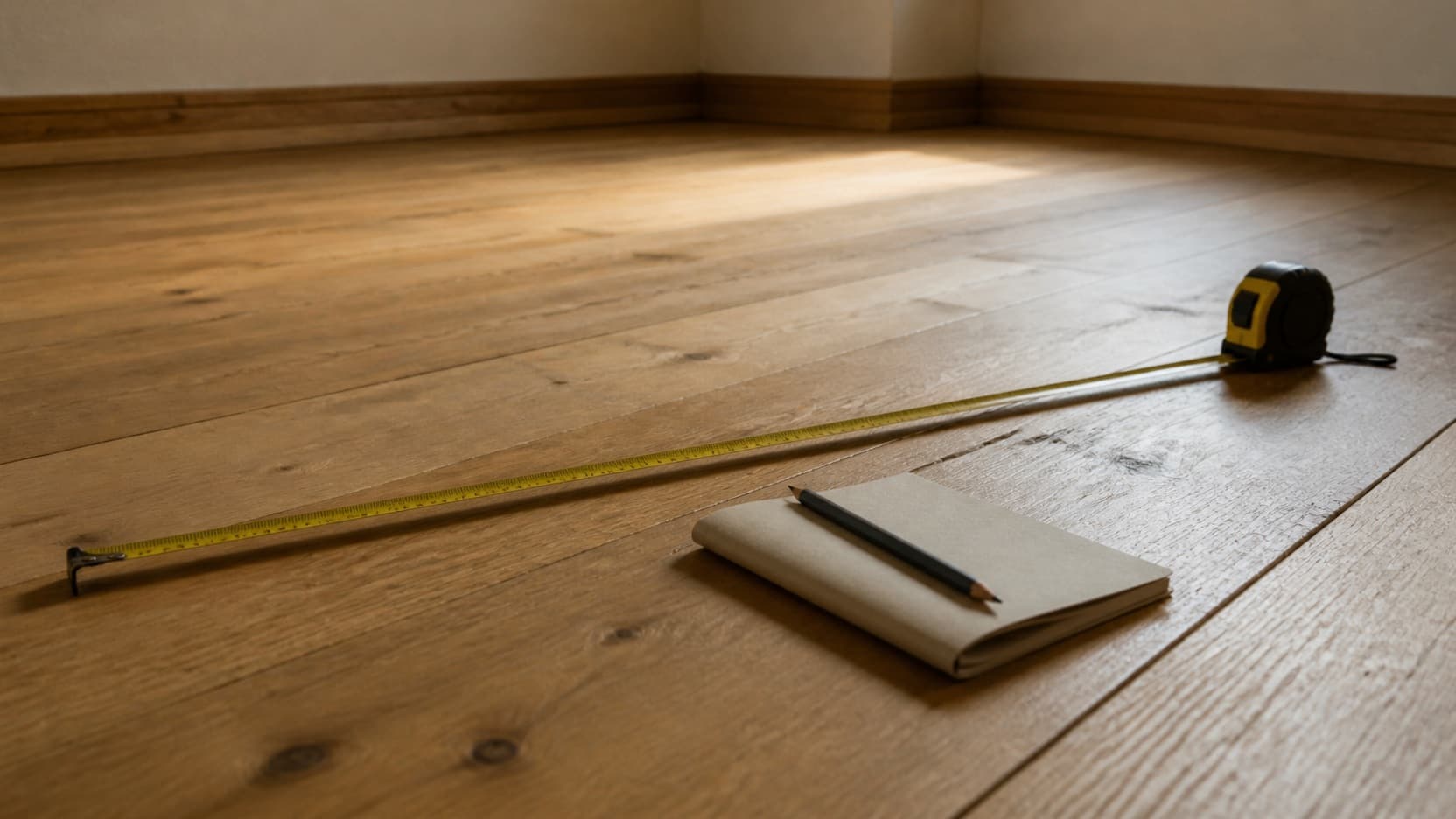 A tape measure extended across a bare oak floor with a notebook and pencil resting beside it