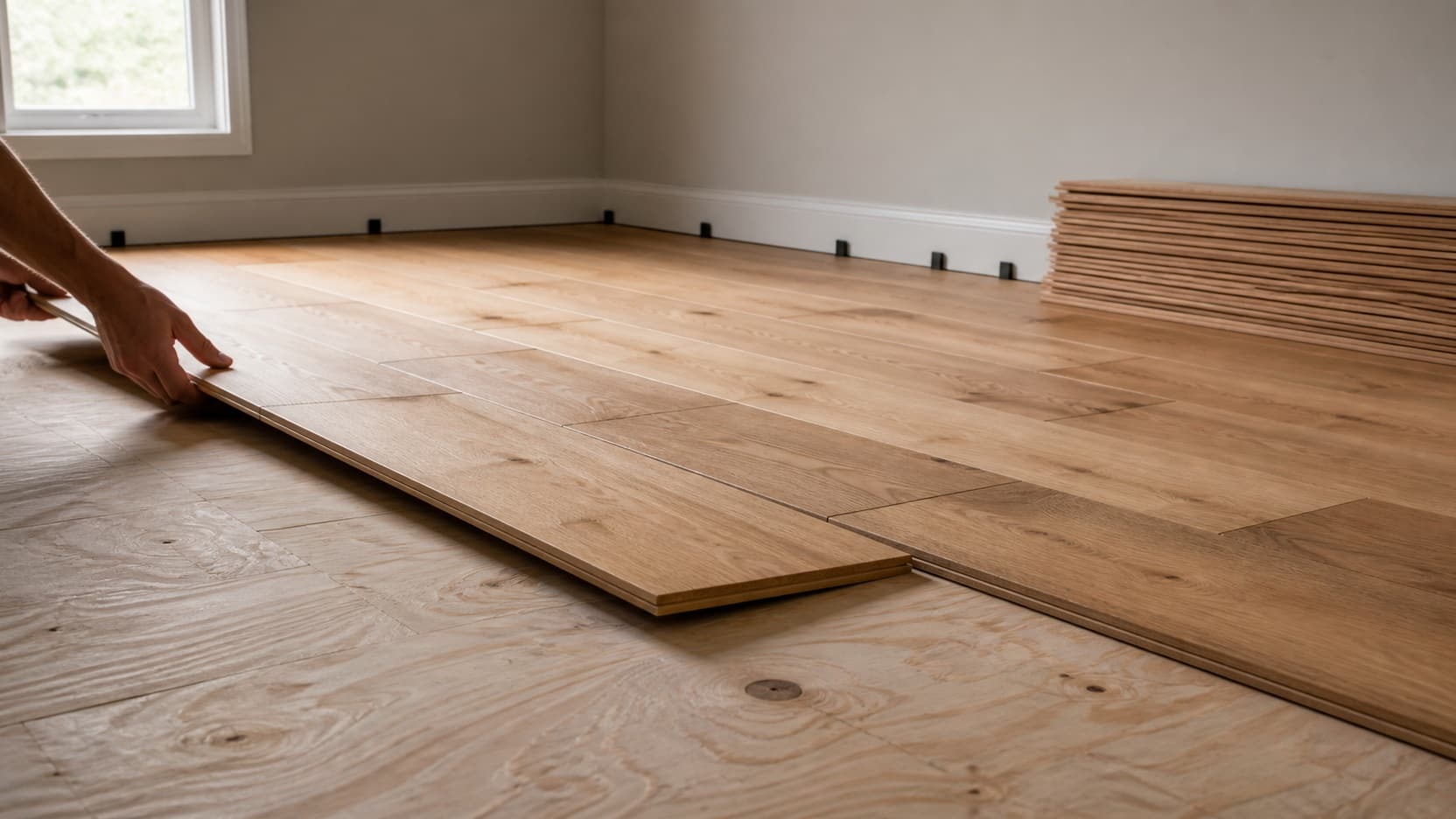 New oak boards being laid in a row across a prepared subfloor in an empty room