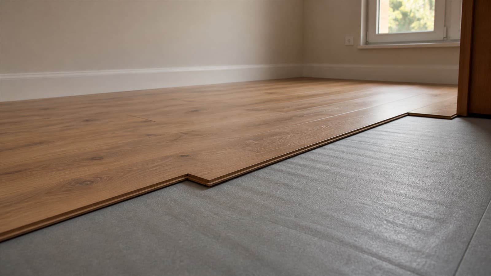 Wood effect laminate planks clicking together across an underlay in a bright room