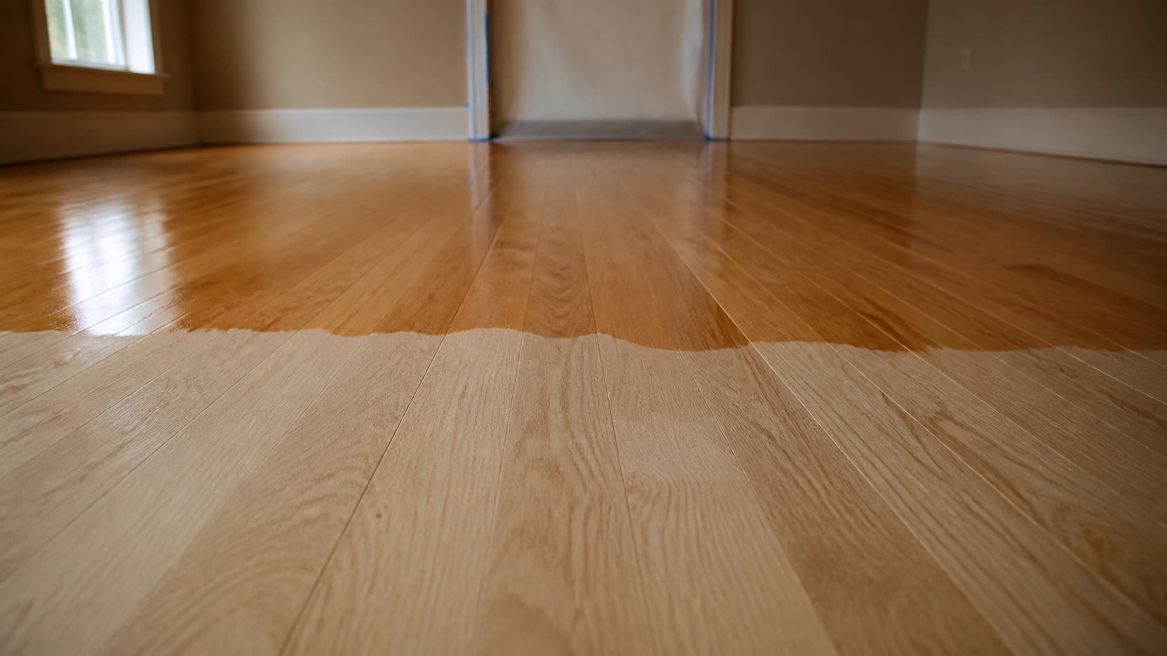A sanded oak strip floor in an empty room, half of it coated with fresh finish and half still bare