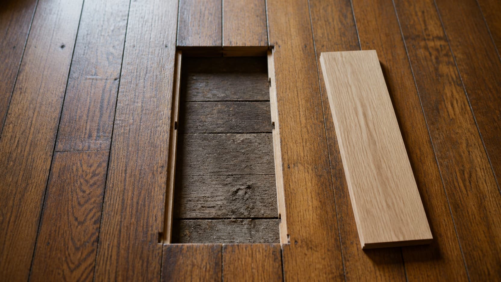 One damaged board lifted out of an oak strip floor, surrounding boards left in place