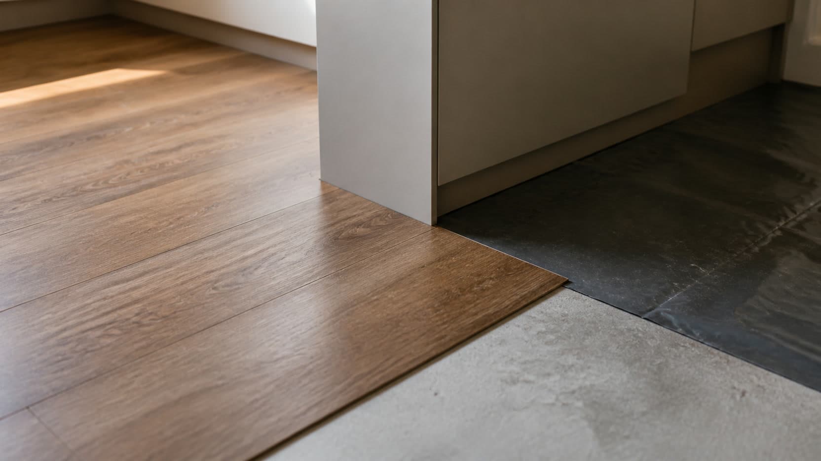 Luxury vinyl plank flooring being fitted around a kitchen unit base
